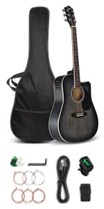 GLARRY Full Size 6 Strings Acoustic Electric Guitar Beginner Kit w/ 15W Amp, Cutaway 41 Inch Electric Acoustic Guitar w/Inbuilt Tuner, Bag, Strap, Picks, Strings, Basswood Guitarra, Distressed Black