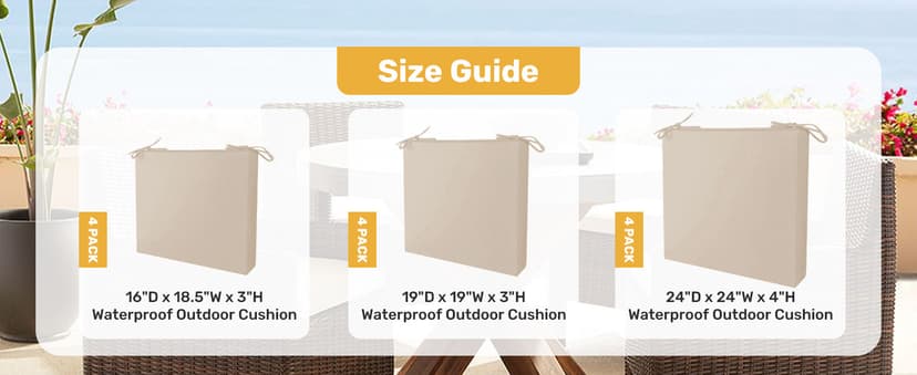 UNIKOME Outdoor Chair Cushions Pack of 4, Water Resistant Patio Cushions with Ties, High Density Sponge Filling Square Corner Seat Cushions for Outdoor Furniture, 18.5"*16"*3", Beige