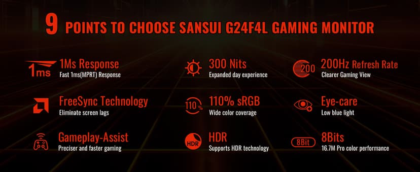 SANSUI 24 Inch Gaming Monitor 200Hz 1Ms FreeSync HDR 110% sRGB FHD 1080P Computer Monitor HDMI DP Ports Eye Care Frameless VESA Mount Cable Management (ES-G24F4L HDMI Cable Included)