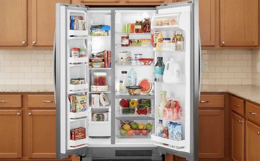 Whirlpool 33 Inch Freestanding Side by Side Refrigerator with 21.72 Cu. Ft. Total Capacity, Adjustable Gallon Door Bins, LED Interior Lighting, Hidden Hinges, Frameless Glass Shelves, Stainless Steel