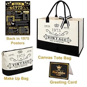 50th Birthday Gifts for Women Canvas Tote Bag Travel Gear, Unique 50 Years Old Gifts for Wife Sister Mom Aunt Friends Her, Vintage 1975 Handbag & Cosmetic Bag & Back in 1975 Poster
