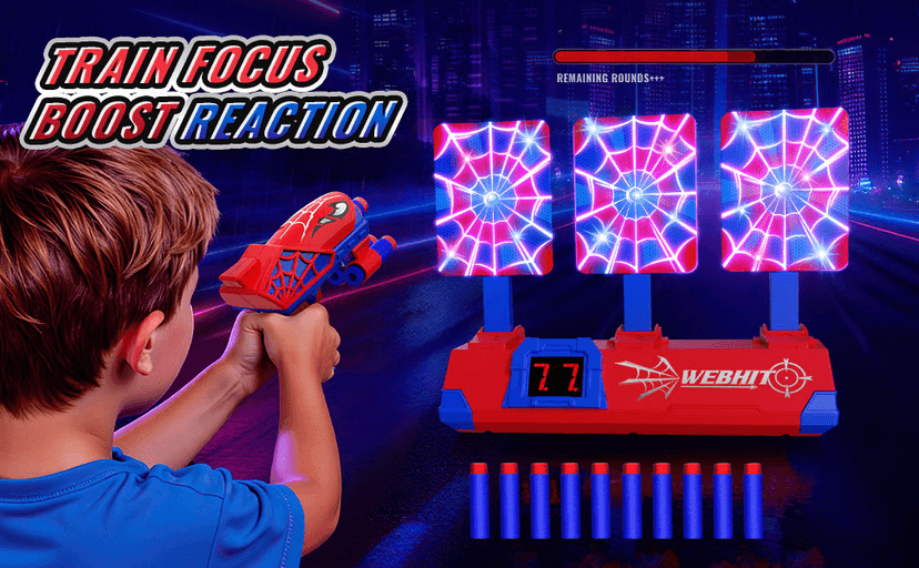 Shooting Toys for 3-12 Year Old Boys, Hero Styles with Glowing Web&Sounds,LCD Scoring and Auto Reset 3 Shooting Targets,Indoor Outdoor Kids Family Games Christmas Birthday Gifts for Boys Toys Age 3-12