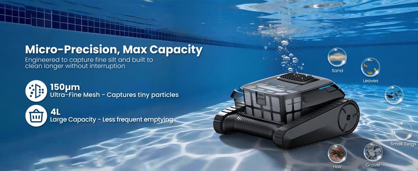 Robotic Pool Vacuum PC10, Cordless Pool Cleaner Robot for Inground & Above Ground Pools, Smart Navigation, 5000GPH Suction Power for Cleaning Floor, Wall & Waterline, Self-Parking, Black