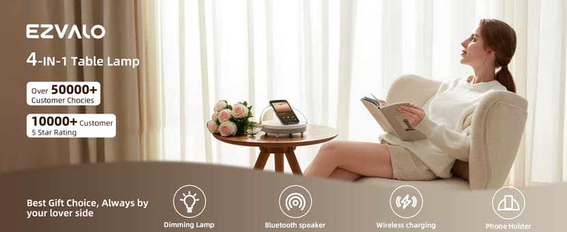 EZVALO Gift for Her, Music Table Lamp with Wireless Charger, 4 in 1 Touch Bedside Lamp, Portable Bluetooth Speaker, Phone Holder, Dimmable LED Night Lights Birthday Gifts for Women, Men, Dad, Mom