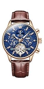 OLEVS Men Automatic Watch Skeleton 5 Hands Mechanical Classic Luxury Multi Calendar Stainless Steel Waterproof Wrist Watch for Men