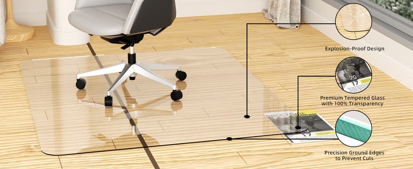 Tempered Glass Chair Mat 48" x 32",1/5" Thick for Office Desk,Rolling Chair Mat for Carpet, Odorless, Easy to Clean with 4 Non-Slip Pads for Carpet & Hardwood Floors