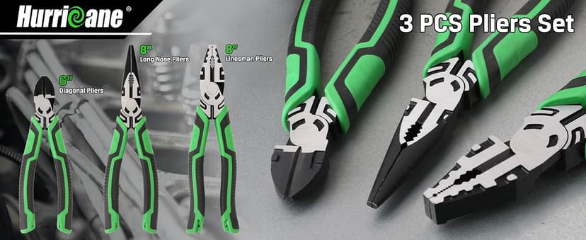 HURRICANE 3-Piece Pliers Set - Heavy-Duty with 8-Inch Linesman, Needle Nose Pliers and 6-Inch Diagonal Cutters for Basic Repair