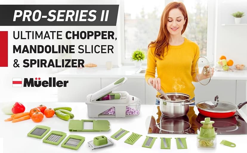 Mueller Pro-Series All-in-One, 12 Blade Mandoline Slicer for Kitchen, Food Chopper, Cucumber Slicer and Spiralizer, Cutter, Dicer, Grater, Gifts for Mom, Kitchen Essentials, White Sand/Green