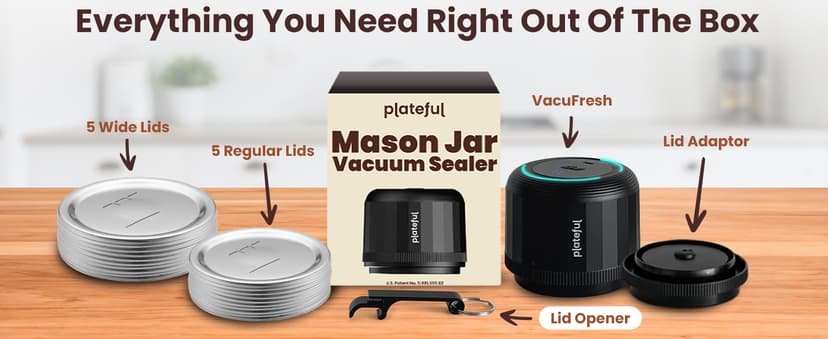 Plateful Electric Mason Jar Vacuum Sealer Kit (Lids Included) For Wide Mouth And Regular Mouth Jars, Portable Jar Vacuum Sealer, Canning Machine Food Storage, Includes Lids, Opener, Charger