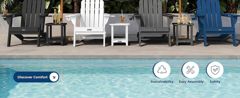Folding Adirondack Chair,All-Weather HDPE Fire Pit Chair with 2 Cup Holders, Plastic Outdoor Chair for Patio Deck Garden Lawn, Black