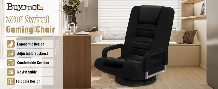Swivel Floor Gaming Chair w/Armrests, Folding Video Reclining Sofa w/6 Adjustable Position, Padded Backrest & Cushion, Lazy Lounger Couch for E-Sports, Reading, Relaxing, Watching TV, Black