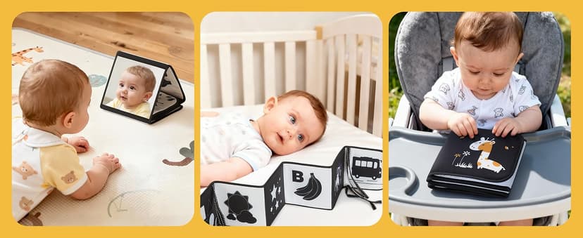 Newborn visual stimulation 0-6 months, Montessori sensory play, soft crinkle pages, folds flat, ties to crib and stroller Infinno High Contrast Baby Book, Black and White, Tummy Time Mirror Toy B0DHH7LGZT