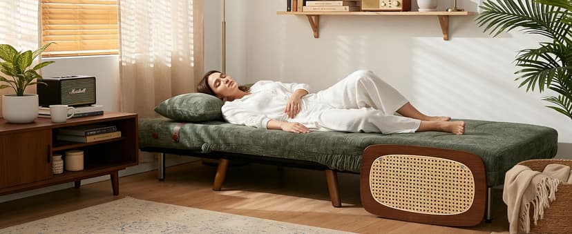 3-in-1 Convertible Sleeper Chair Bed for Adults, Chenille Fabric Armchair with 5-Level Adjustable Backrest, Folding Single Sofa Couch Futon Guest Bed with Pillow for Small Spaces, Office, Green 35.43"