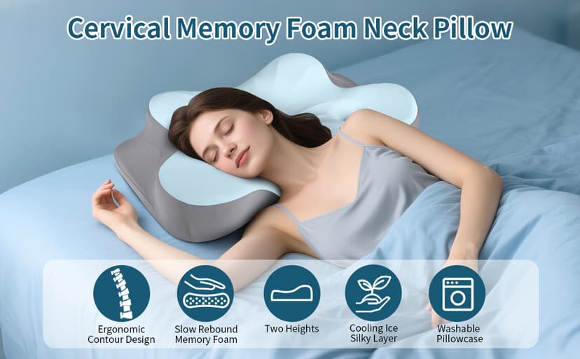 Cerrvical Neck Pillow- Ergonomic Memory Foam Pillows for Sleeping, Dual Ear Relief Zone Contour Pillow, Neck Support Pillows for Side Back &Stomach Sleeper (Blue)