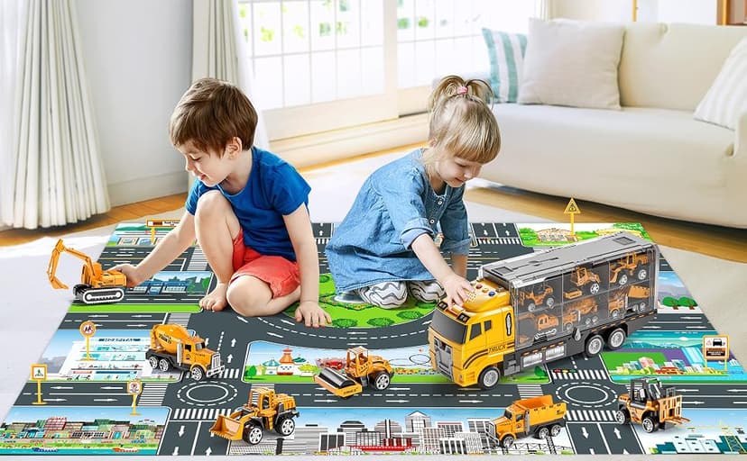 NIPLOOOW Kids Boys Construction Truck Vehicle Toy Set with Play Mat and Die-Cast Toy Car, Transport Carrier Truck for Kids 3-5, Birthday Gifts Toys for 3-8 Year Old Boys B0D7M51TRB