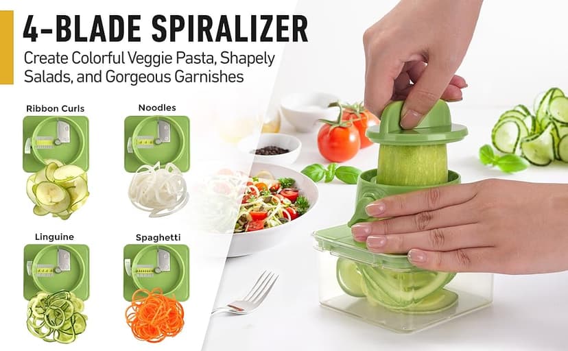 Mueller Pro-Series All-in-One, 12 Blade Mandoline Slicer for Kitchen, Food Chopper, Cucumber Slicer and Spiralizer, Cutter, Dicer, Grater, Gifts for Mom, Kitchen Essentials, White Sand/Green