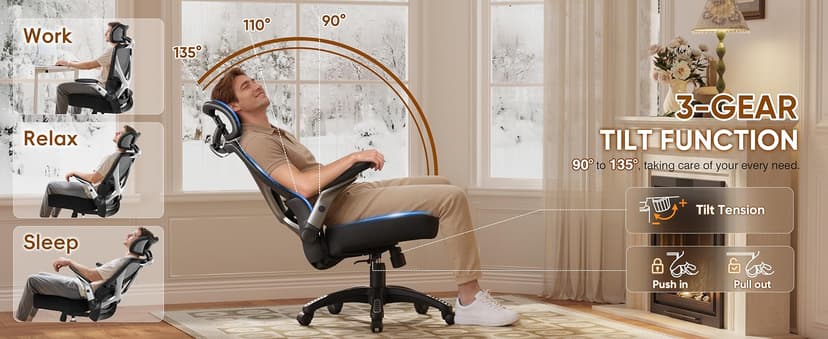 GABRYLLY Ergonomic Office Chair, Big and Tall Mesh Chair with Adjustable Lumbar Support, 5D Arms & Wide Seat, 135° Recline Home Desk Computer Chairs for Work Gaming, Heavy Duty,400LBS - Black
