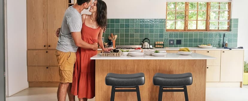 Counter Height Bar Stools Set of 2, 24 Inch Backless BarStools for Kitchen Island Leather Saddle Bar Chairs Kitchen Stools with 4" Thick Seats & Heavy Duty Metal Base, Black