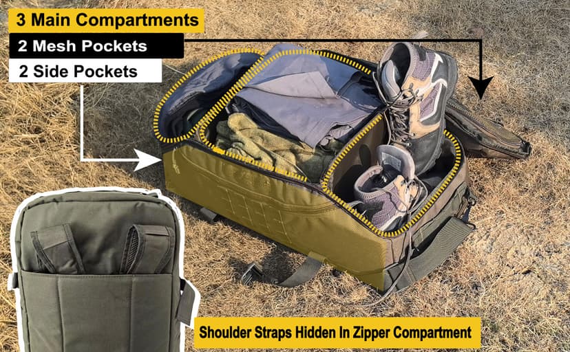 Hannibal Tactical 65L Large Duffle Bag, 3-in-1 Tactical Backpack MOLLE Pack for Sports, Gym, Outdoor, Olive Green