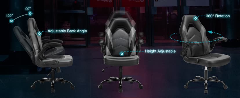 DUMOS Ergonomic Computer Gaming Chair with Flip-up Armrest, Height Adjustable PU Leather Home Office Desk Chair with Lumbar Support Swivel Wheels and for Adults and Kids, Black and Gray