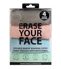 ERASE YOUR FACE Reusable Makeup Remover Cloths - Microfiber Face Towels to Cleanse & Remove Makeup - Water Activated for Sensitive Skin - Multi-Color (4 Count)