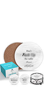 Coasters for Drinks Absorbents with Holder - 6 Pcs Gift Set with 6 Funny Sayings for Wine Lovers - Ceramic Stone with Corked Back, Unique Present for Housewarming, Living Room Decor