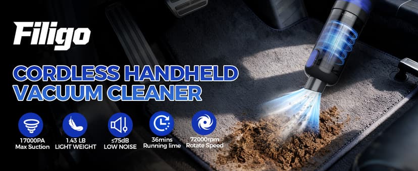 Filigo Handheld Vacuum Cordless Rechargeable 2-Speed Modes| 3-in-1 Portable Cordless Vacuum Cleaner with Charging Dock, for Car Home Office and Pet Hair(Blue)