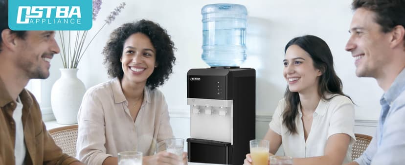 OSTBA Water Dispenser with Ice Maker for 3 & 5 Gallon Bottles, Top Loading Water Cooler with Hot Cold & Room Temperature Water, Bullet Ice Maker, Child Safety Lock for Home Office