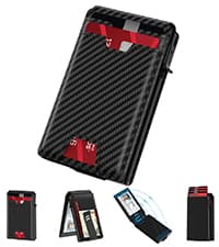 typecase Mens Wallet Card Holder: Pop Up Aluminum Case, Genuine Leather, Smart, RFID Blocking, Slim, Minimalist, Front Pocket - 9-14 Card Capacity | ID Window | Cash Slot (Carbon Fiber)