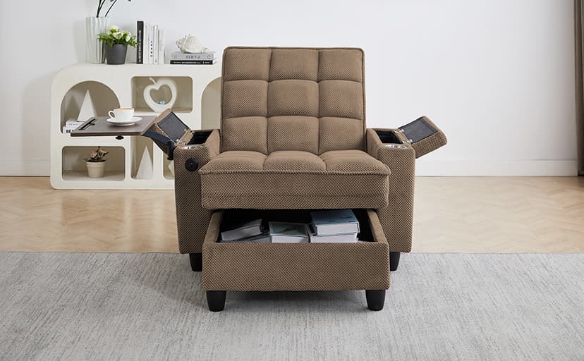41.7" Oversized Chaise Lounge Chair Indoor, Boucle Upholstered Sofa Bed with Adjustable Backrest, Deep Seat Reading Chair, Sofas Couches for Living Room, Storage, Cup Holders & 360° Swivel Side Table