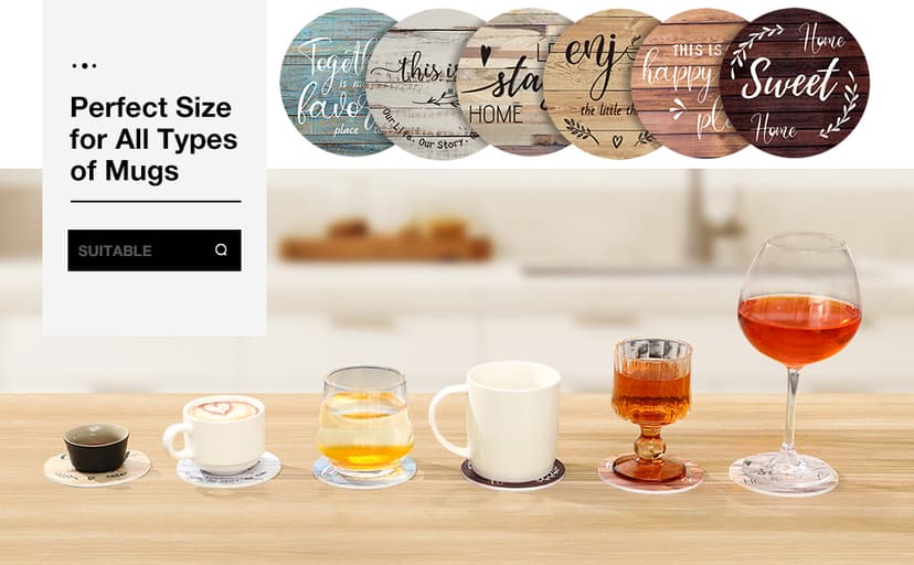 Wooden Coasters for Drink with Holder, 4'', Funny Home Decoration for Family Coffee Bar Table Protection, New Home Gift Ideas Queekay House Warming Gifts New Home Farmhouse Coasters Set of 6, Mixed B0BRSGRGBG