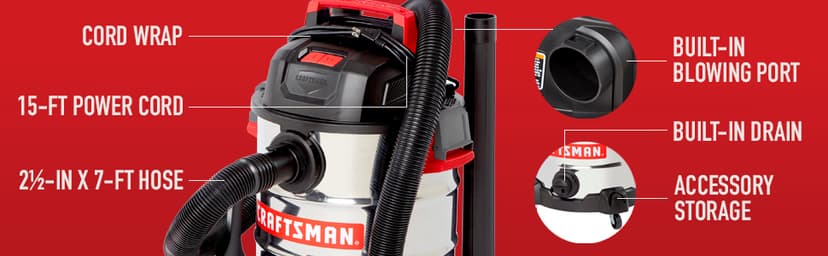 CRAFTSMAN CMXEVBE17155 10 Gallon 6.0 Peak HP Stainless Steel Wet Dry Vac, Portable Shop Vacuum Wet and Dry with Filter, Hose and Attachments for Home and Garage Use