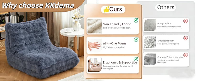 Bean Bag Chairs with Filler Faux Fur Fireside Beanbags Lazy Sofa for Memory Foam BeanBag Chair Bean Bag Sofa for Bedroom, Living Room, Office and Home (Dark Grey)