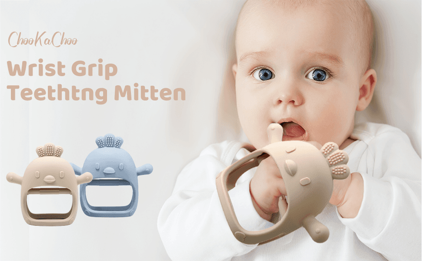 2 Pack Baby Teething Toy Silicone Teething Mitten for Babies Over 3 Months Anti Dropping Wrist Hand Teethers Baby Chew Toys for Sucking Needs, BPA Free (Blue & Caramel)