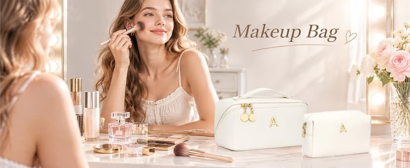 Waterproof PU Leather, Open Flat Design Cosmetic Bag, Multiple Compartments Travel Toiletry Bag (Pink, A) Initial Makeup Bag Personalized Gift for Women Teen Girls B0F26C313Y