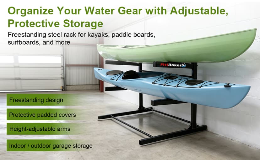 Kayak Storage Rack, Heavy Duty Freestanding Kayak Stand for 2/3 Kayaks, Adjustable Canoe and Paddleboard Holder for Indoor Outdoor Garage Storage, Assembly Required