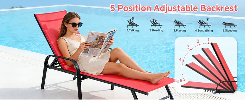 NEWBULIG Outdoor Lounge Chair for Pool, Chaise Lounge Chairs with 5-Position Recliner,350 lbs Heavy Duty Patio Pool Chair, Outdoor Sun Chairs with Metal Frame for Backyard, Classic Red