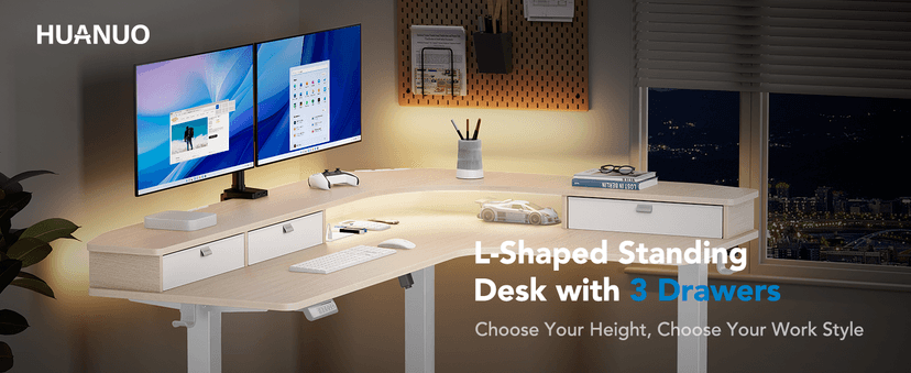 HUANUO 65″ L-Shaped Standing Desk with Power Outlets & LED Strip, Electric Height Adjustable Corner Computer Desk, Sit Stand Up Desk with 3 Drawers, Natural Wood