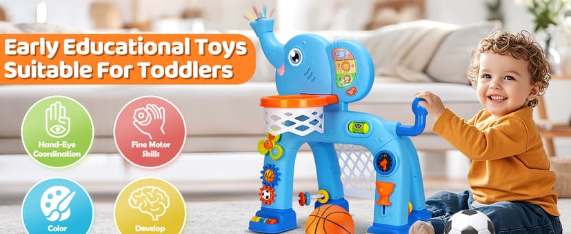 KIZZYEA Toys for 1 2 3 Years Old Boys Girls, Toddler Basketball Hoop & Soccer Goal, Montessori Toy, Interactive Musical Sports Toys with Light, Christmas Birthday Gifts for Baby Kids Age 12-18 Months