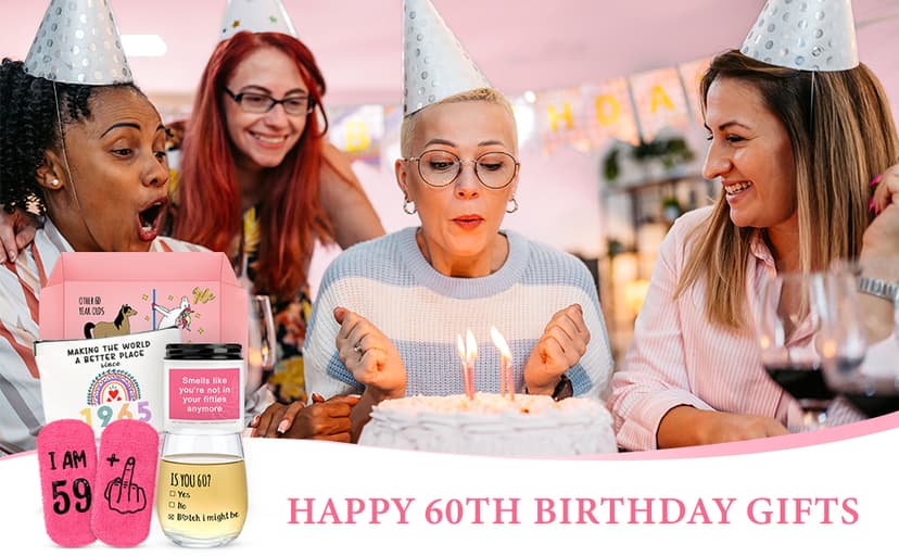 60th Birthday Gifts for Women Funny 60 Year Old Birthday Gifts for Women Turning 60 Gift for Woman Happy 60th Bday Decorations for Woman Mom Her - Wine Glass Makeup Bag Candle Socks