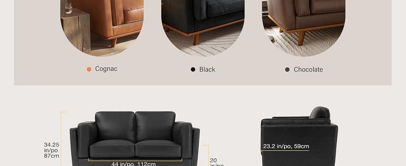 Valencia Artisan Full Leather Loveseat Sofa 66”| Pure Full Italian Nappa Leather Couch, Solid Wood Accent, Ultimate Comfort, Black