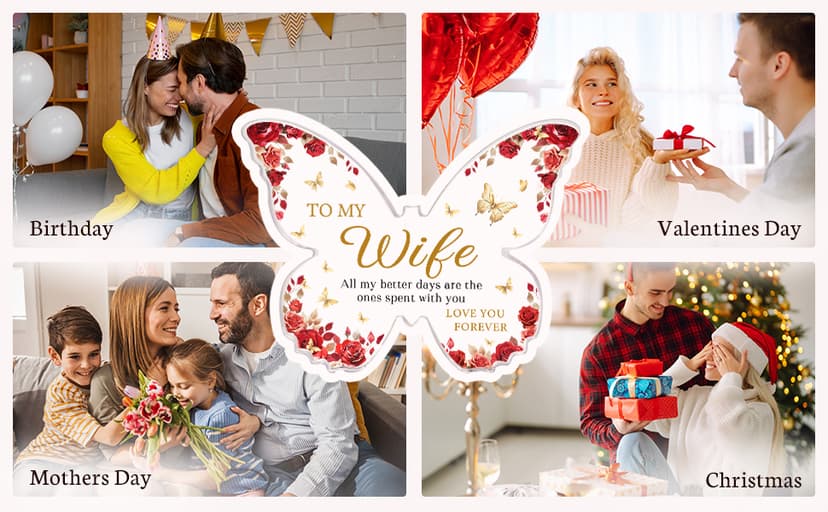Romantic Wife Anniversary Birthday Gift Ideas, 5x3.8x0.5 Inch Butterfly Acrylic Plaque Decor, Mothers Day Valentines Christmas Wedding Present for Wife