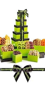 NUT CRAVINGS - Diwali Sweets Hamper Dried Fruit & Mixed Nuts Gift Basket in Black Tower + Ribbon (12 Assortments) Food Arrangement, Healthy Snack Care Package, Food Assortments