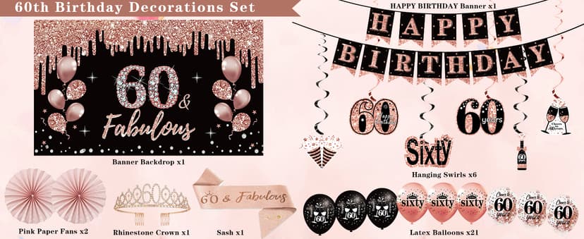 60th Birthday Decorations for Women, 33pcs Black Rose Gold Happy 60th Birthday Banner Crown and Sash Balloons Backdrop Hanging Swirls Paper Fans, 60 Years Old Party Supplies Kit