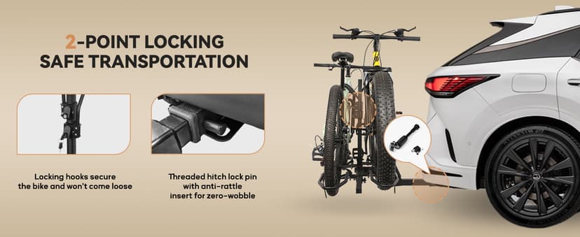 Bike Rack Hitch with Lock, Platform 2-Bike Rack for Car SUV RV Camper Truck Trailer, Hitch Bike Rack for Fat Tire, Mountain Bikes, EBikes and EMTB, 180 lbs Capacity Bike Carrier for 2" Receiver