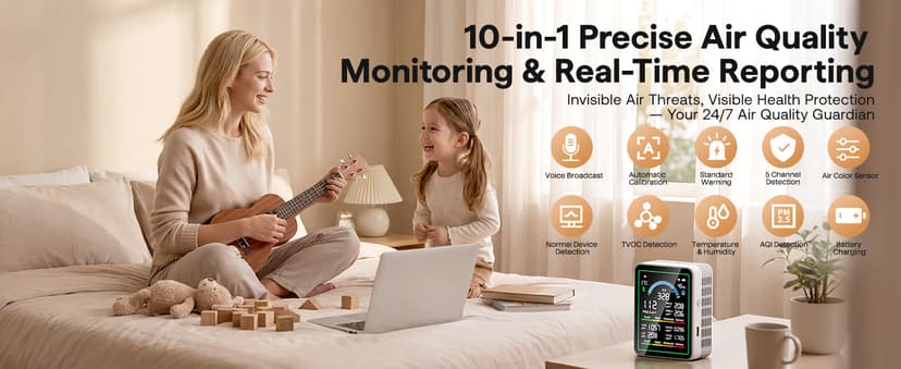 Air Quality Monitor Indoor, 10 in 1 Portable Smartair Quality Tester for CO2 | CO | TVOC | HCHO | Temp | AQI | PM0.3-1 Detection Suitable for Home, Cars, Plants, Pets and Hotels -White