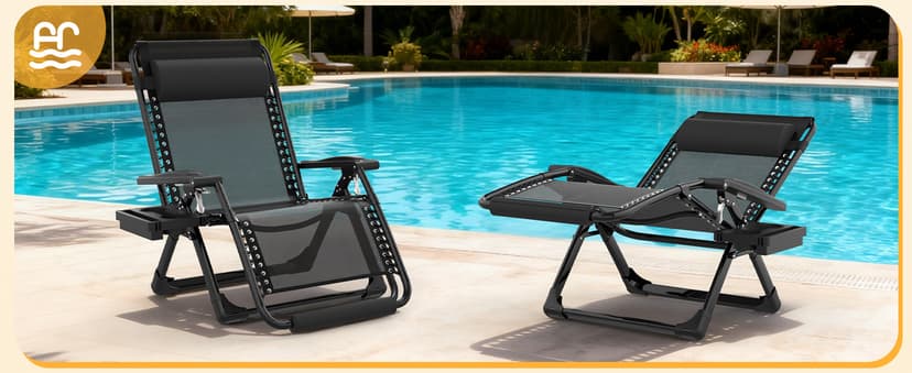 Slendor Oversized Zero Gravity Chairs XXL, 33In Padded Zero Gravity Lounge Chair, Lawn Recliner, Folding Patio Reclining Chair w/Aluminum Alloy Lock, Headrest, Cup Holder, Support 500lbs, Black