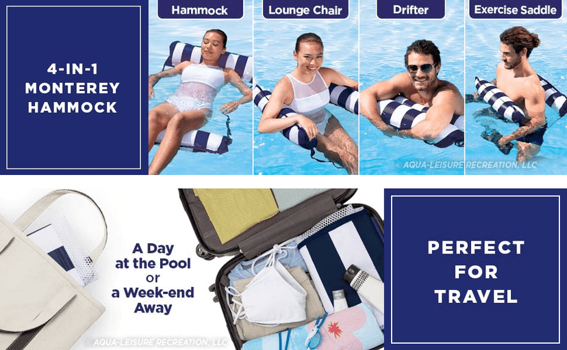 Aqua Original 4-in-1 Monterey Hammock Pool Float & Water Hammock – Multi-Purpose, Inflatable Pool Floats for Adults – Patented Thick, Non-Stick PVC Material – Navy