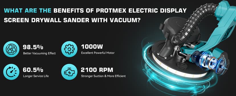 Drywall Sander with Vacuum Dust Collector, 1000W Popcorn Ceiling Removal Tool, Electric Drywall Sander with Digital Display Screen 9 Variable Speed 800-2100RPM, Foldable & Extendable Handle