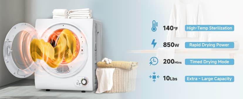Feelfunn 110V Portable Dryer – 850W Compact Clothes Dryer with 4 Automatic Drying Modes, Stainless Steel Tub, Simple Control Knob for Apartments, Dorms & Small Spaces